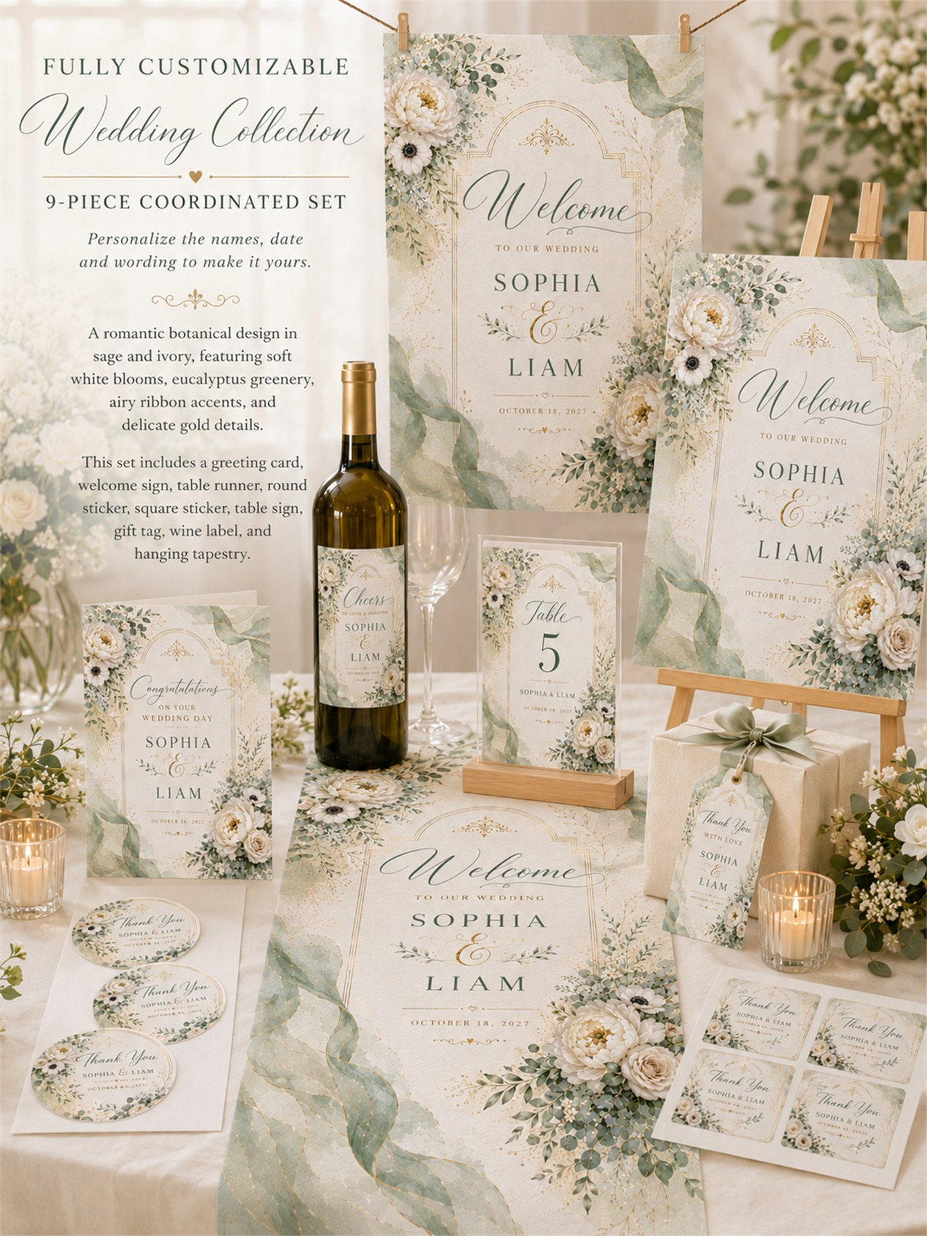 Sage green and ivory plant wedding decorations - Romantic and elegant wedding - Custom name and date